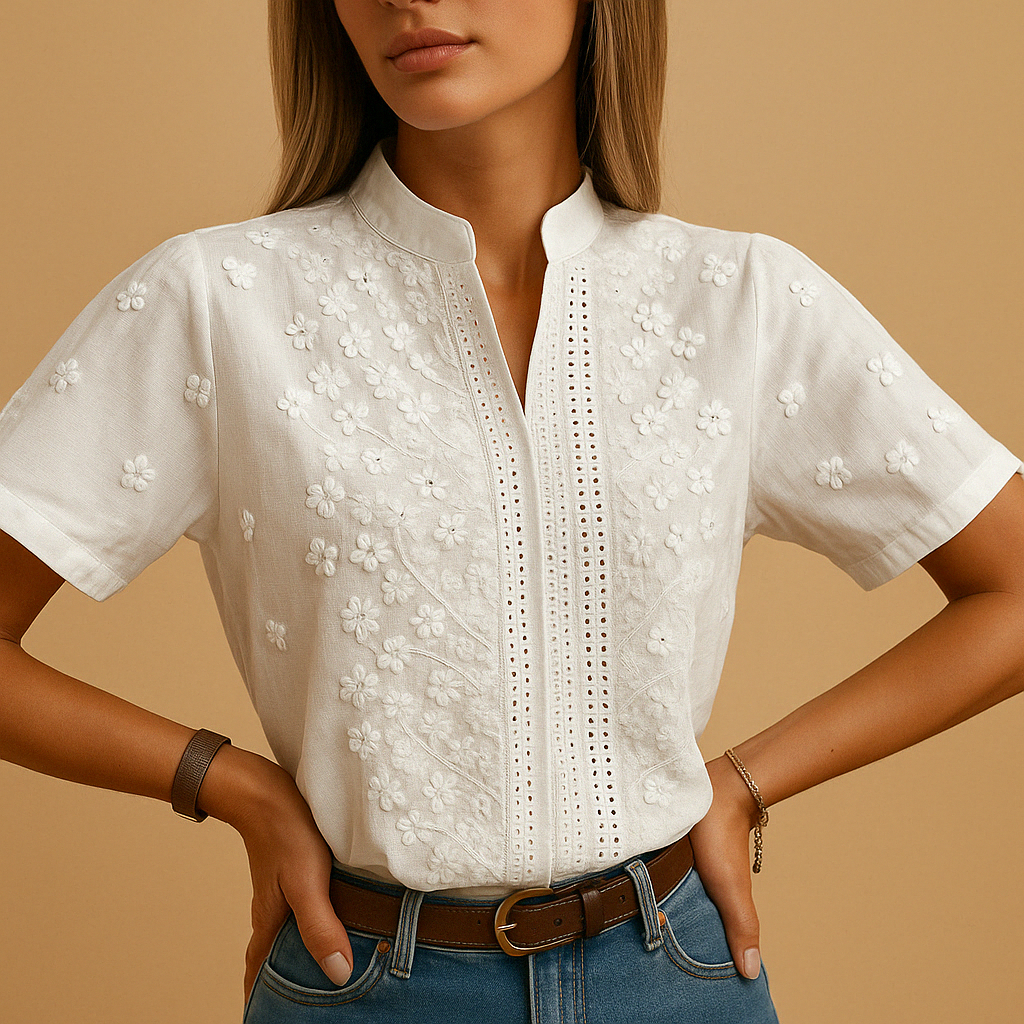 Blouse élégante à col en V avec broderie florale. - 3