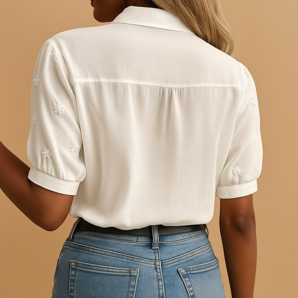 Blouse élégante à col en V avec broderie florale. - 4