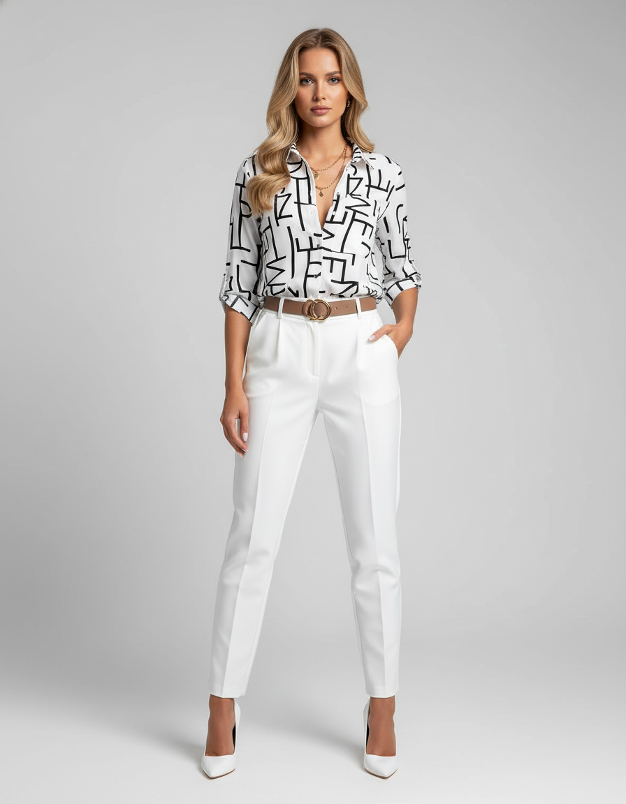 Blouse graphique, silhouette cintrée, col en V. - 4