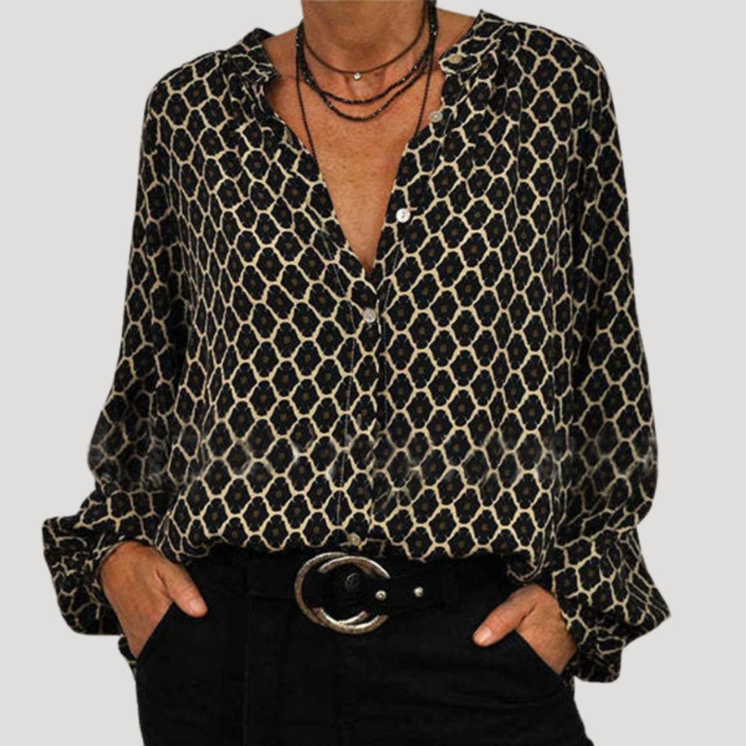 Chemisier femme chic, fluide avec col en V et motif géométrique, idéal pour des occasions décontractées. - 1