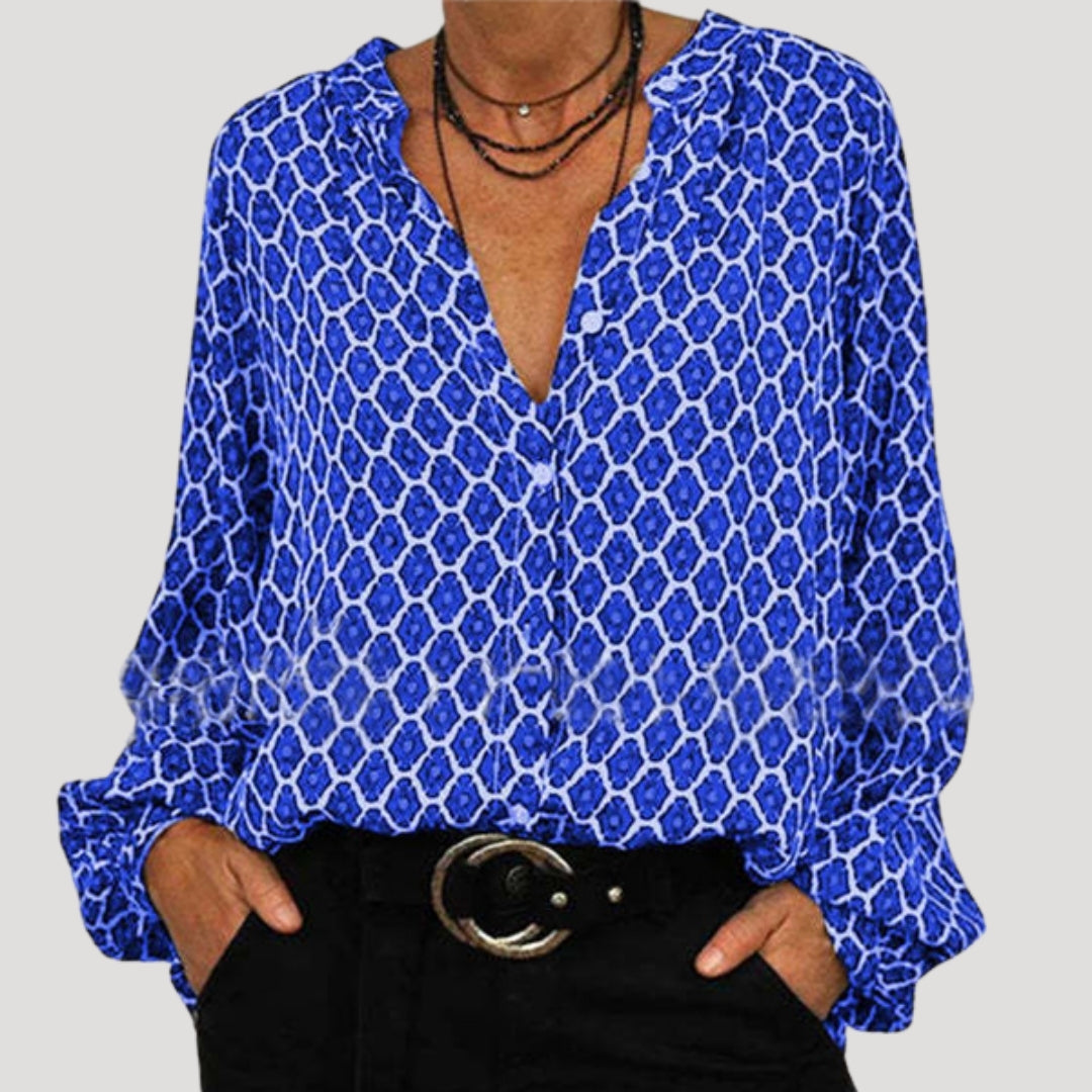Chemisier femme chic, fluide avec col en V et motif géométrique, idéal pour des occasions décontractées. - 2