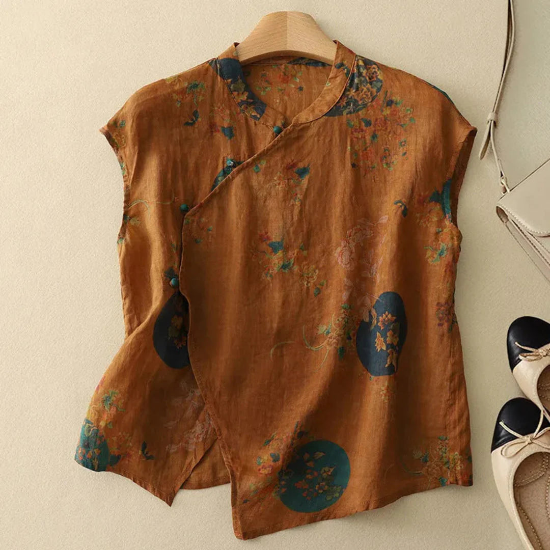 Chemisier femme chic, col chinois, sans manches, silhouette fluide. - 2