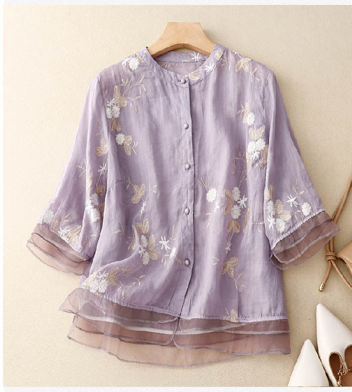 Chemisier femme chic, broderie florale délicate, coupe fluide. 5
