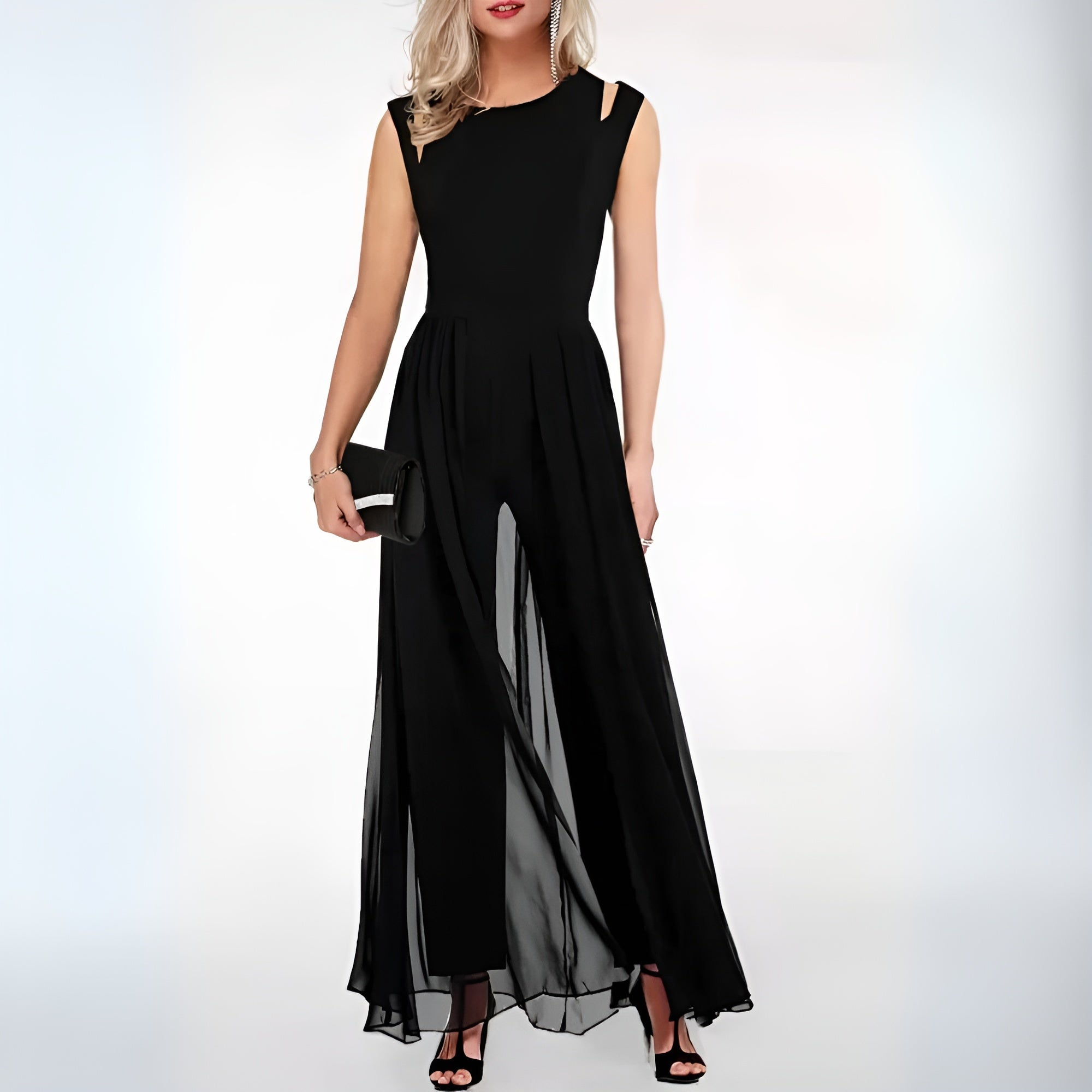 Combinaison femme chic, fluide, col en V, sans manches. - 1