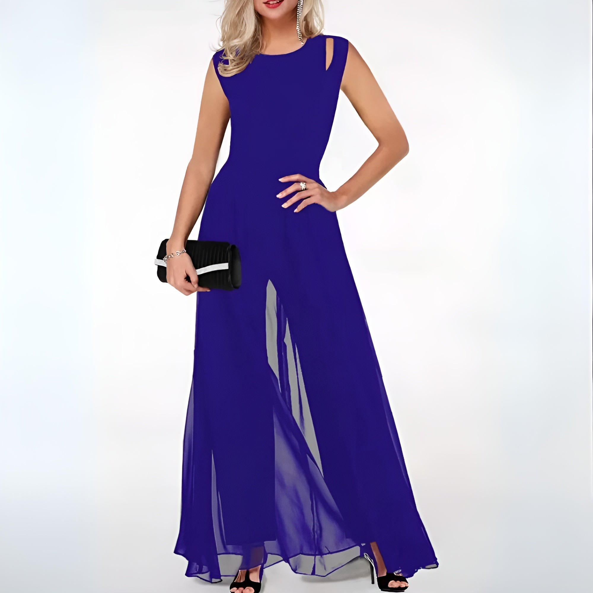 Combinaison femme chic, fluide, col en V, sans manches. - 2