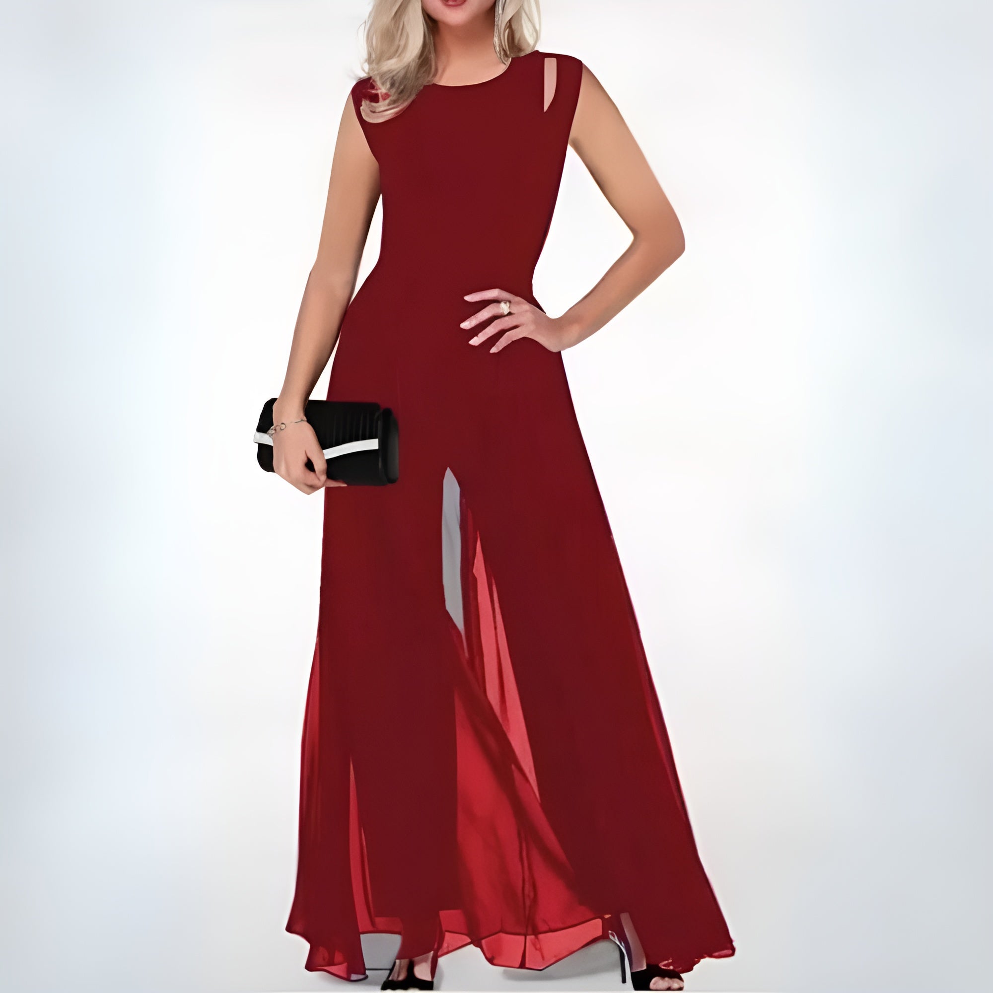 Combinaison femme chic, fluide, col en V, sans manches. - 4