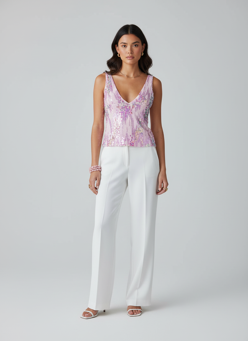 Débardeur col V femme, style chic avec paillettes, idéal pour les soirées. - 3