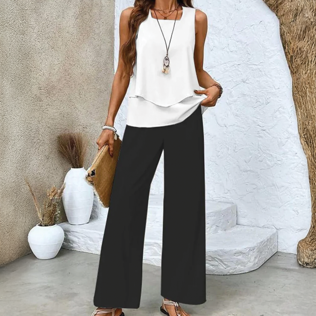 Ensemble deux pièces, pantalon large et haut fluide élégant. - 8