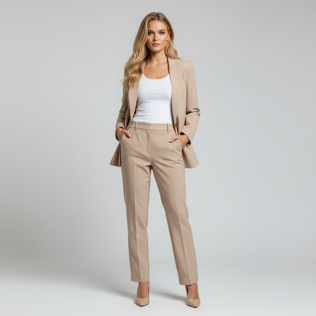 Ensemble tailleur femme avec blazer ajusté et pantalon droit chic. - 4