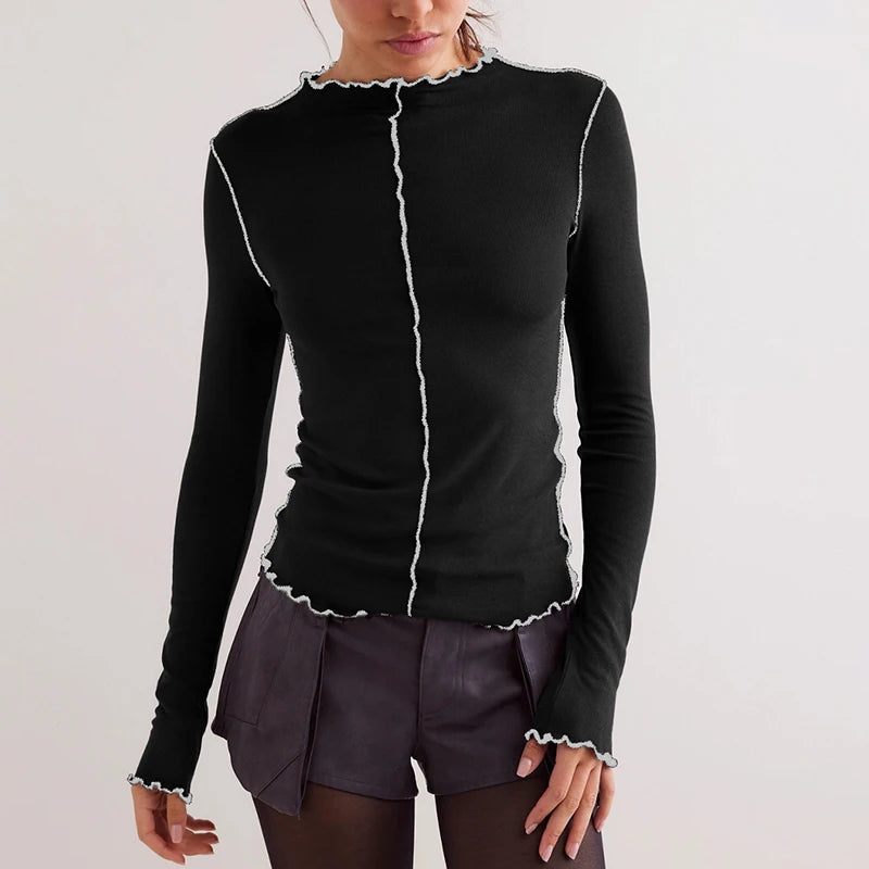 Haut à manches longues femme, design côtelé élégant, coupe ajustée. - 5