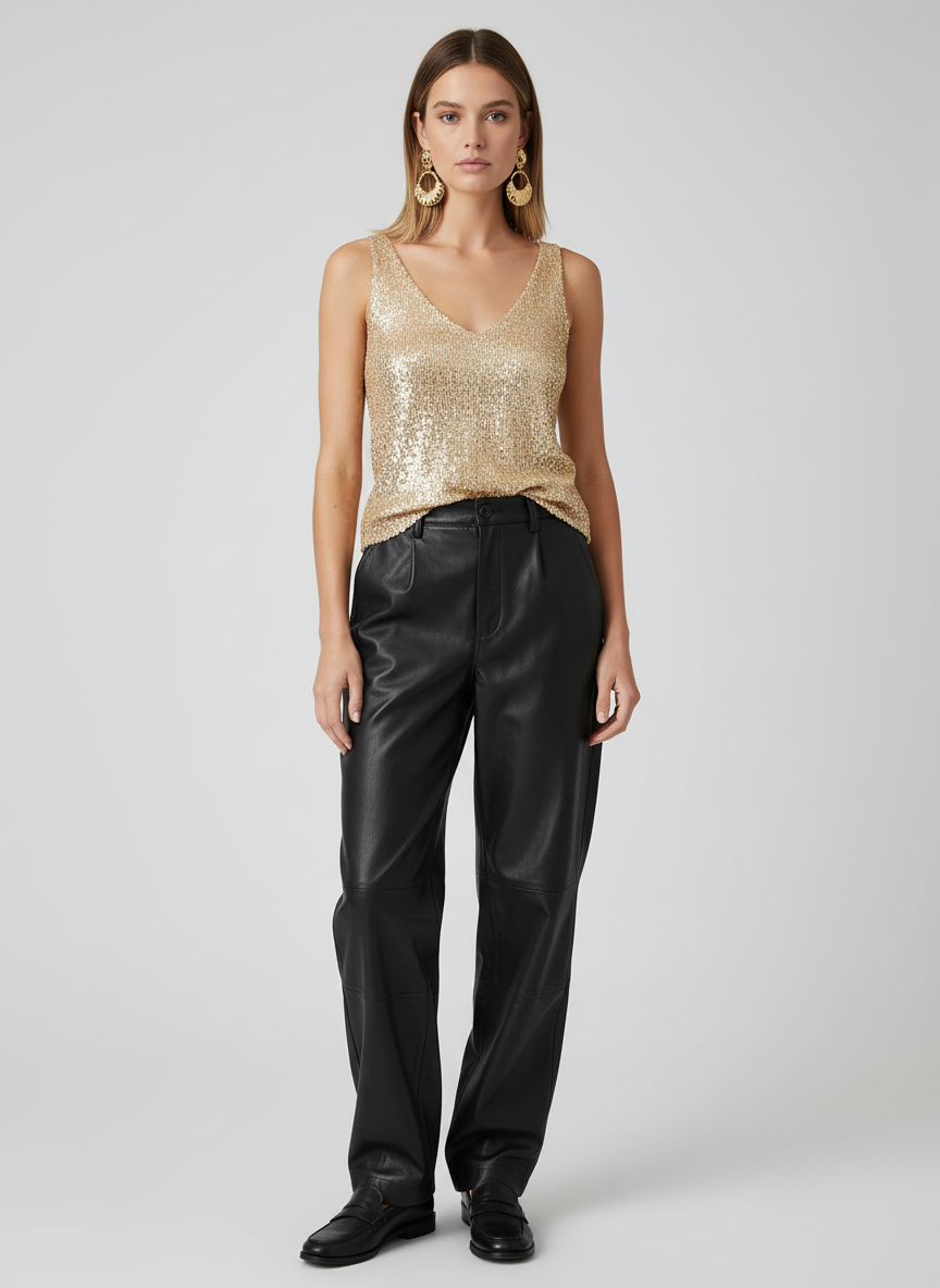 Haut à paillettes femme, silhouette ajustée, col élevé, style chic. - 1