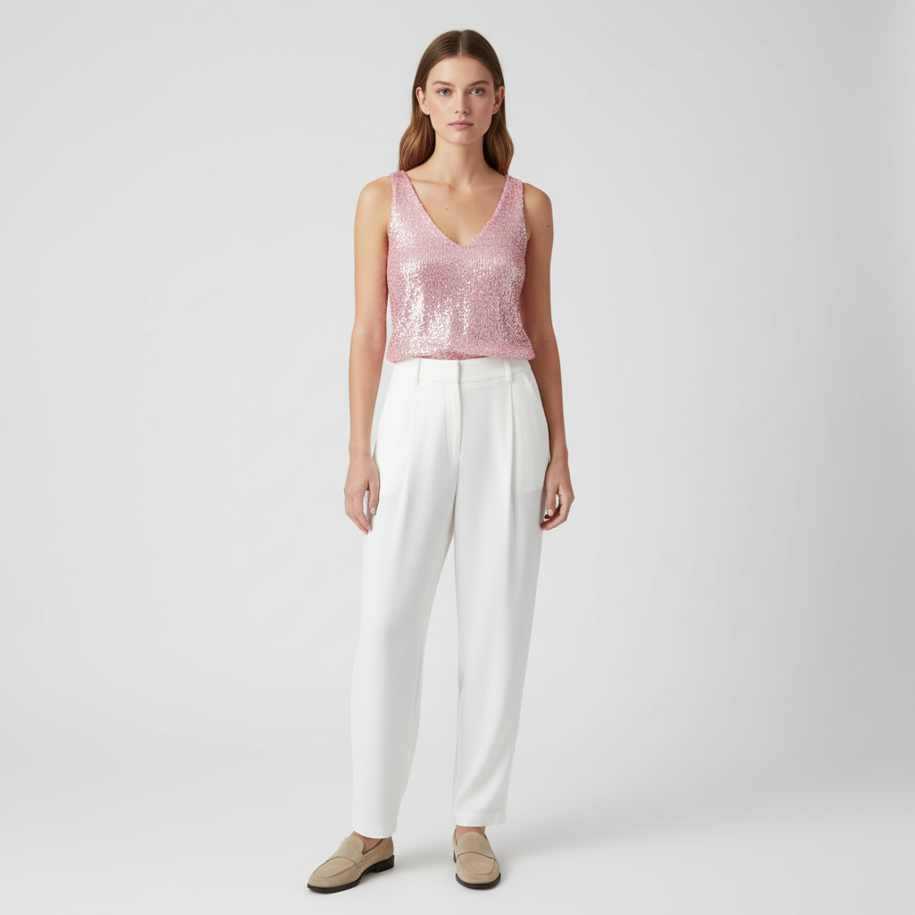 Haut à paillettes femme, silhouette ajustée, col élevé, style chic. - 2