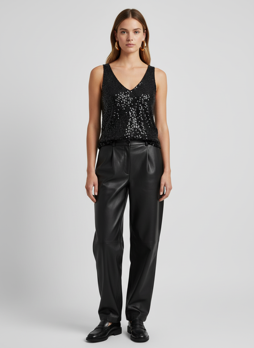 Haut à paillettes femme, silhouette ajustée, col élevé, style chic. - 3