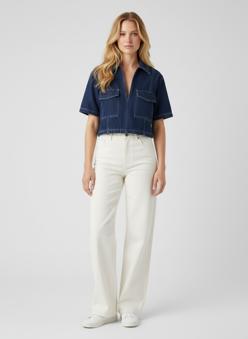 Haut en jean femme, silhouette décontractée et moderne. - 2