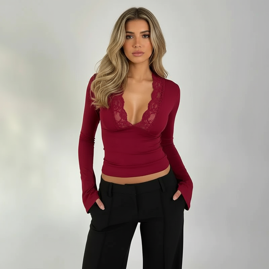 Haut évasé femme avec col en V et manches courtes, style fluide et élégant. - 3