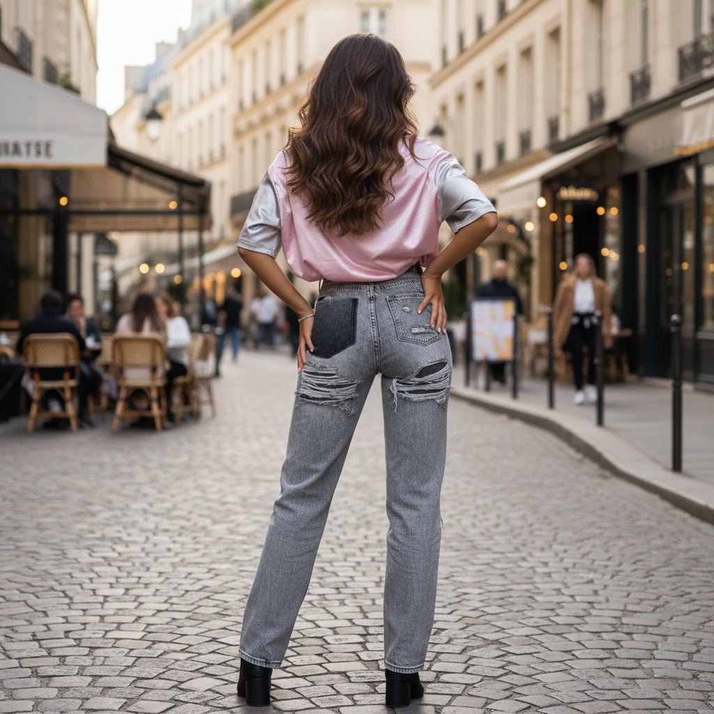 Jean femme taille haute, coupe droite avec détails déchirés. - 3
