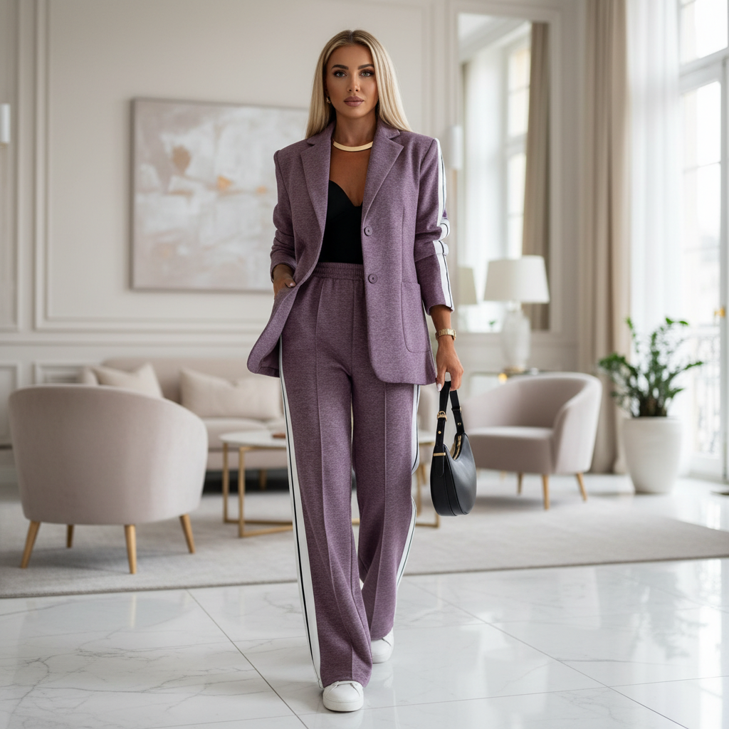 Costume femme composé d'une veste tailleur ajustée et d'un pantalon élastique chic. - 7