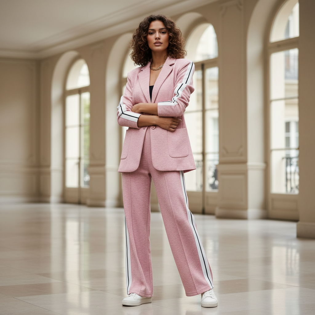 Costume femme composé d'une veste tailleur ajustée et d'un pantalon élastique chic. - 8
