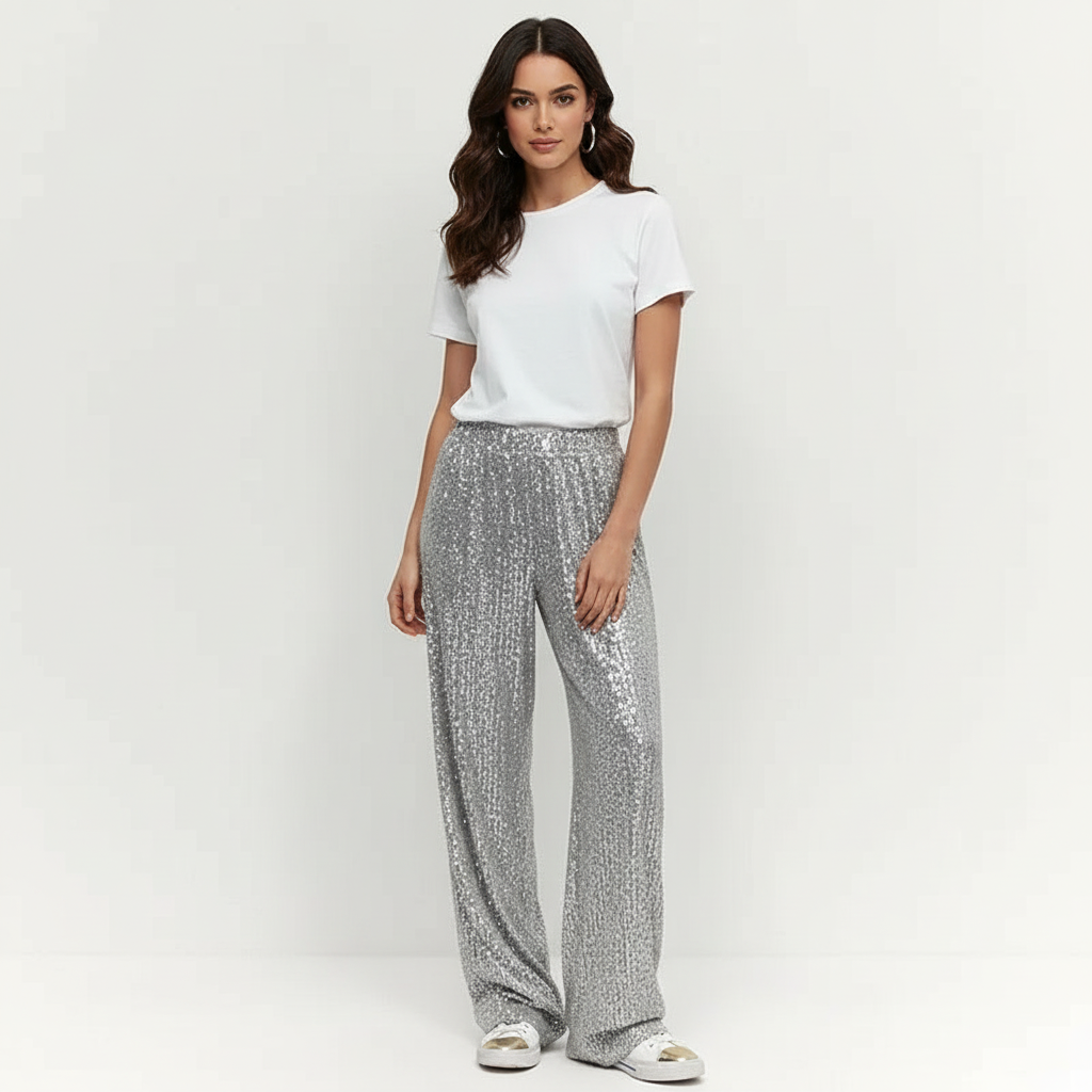 Pantalon large femme à taille élastique avec design à paillettes. - 2