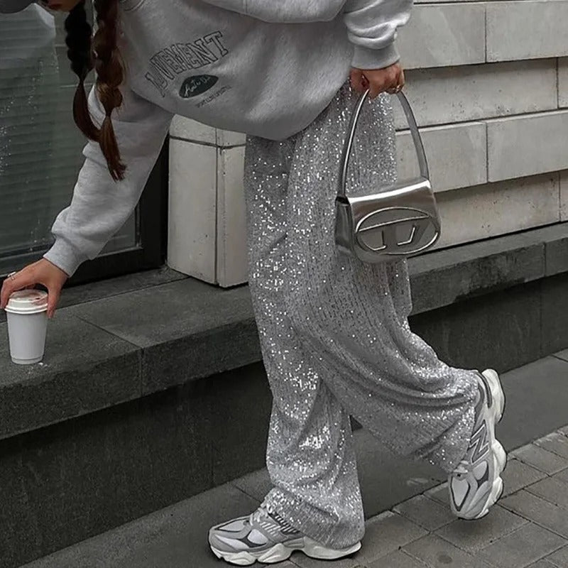 Pantalon large femme à taille élastique avec design à paillettes. - 3
