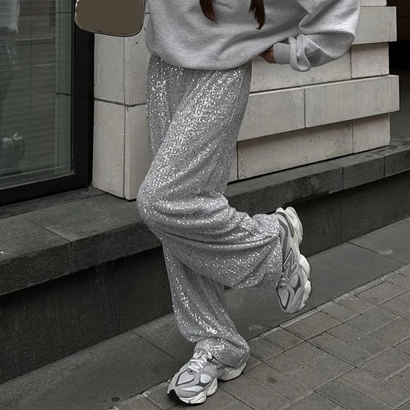 Pantalon large femme à taille élastique avec design à paillettes. - 4