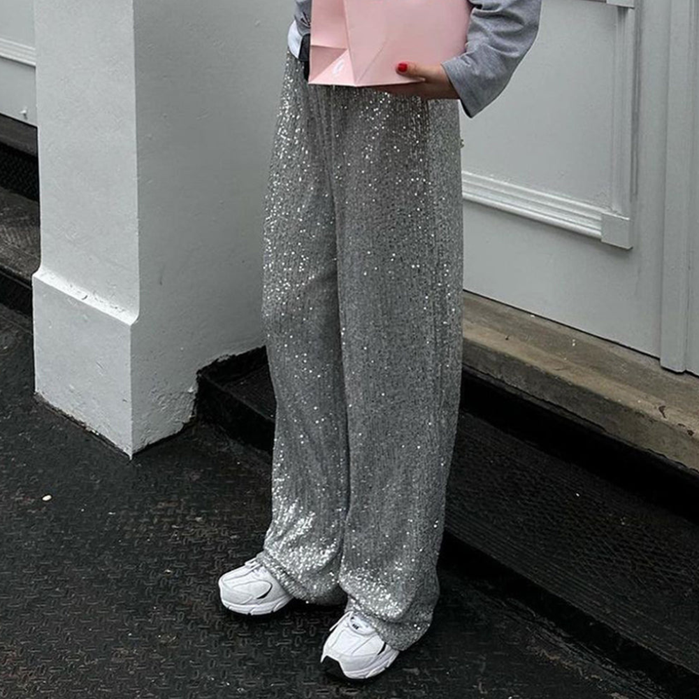 Pantalon large femme à taille élastique avec design à paillettes. - 5