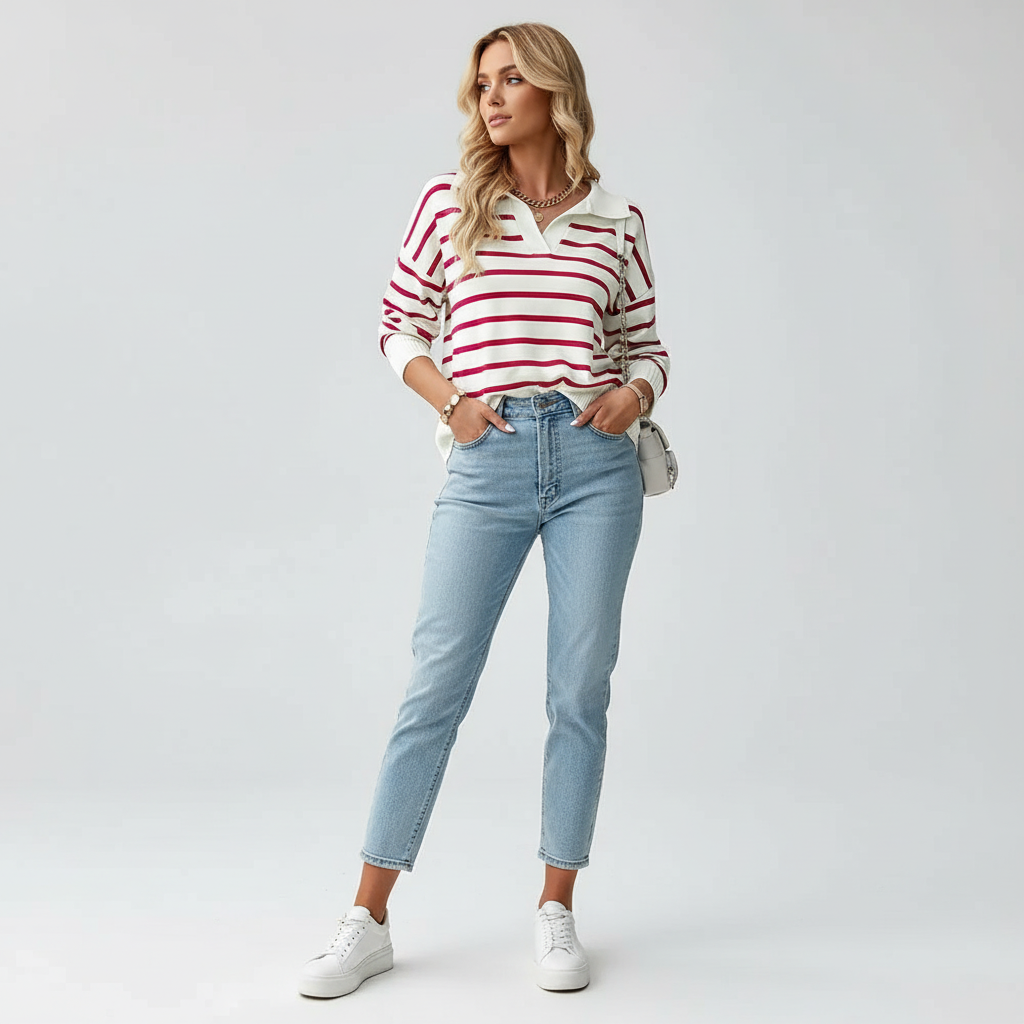 Polo femme ajusté à rayures, manches courtes, style décontracté. - 1