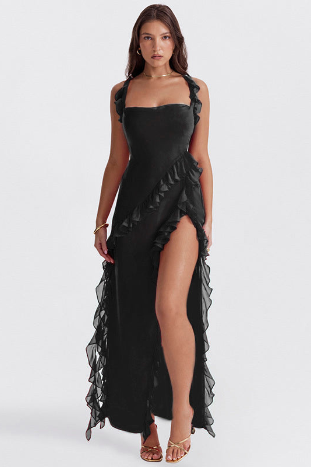 Robe longue femme | Volants asymétriques, fente haute estivale - 10