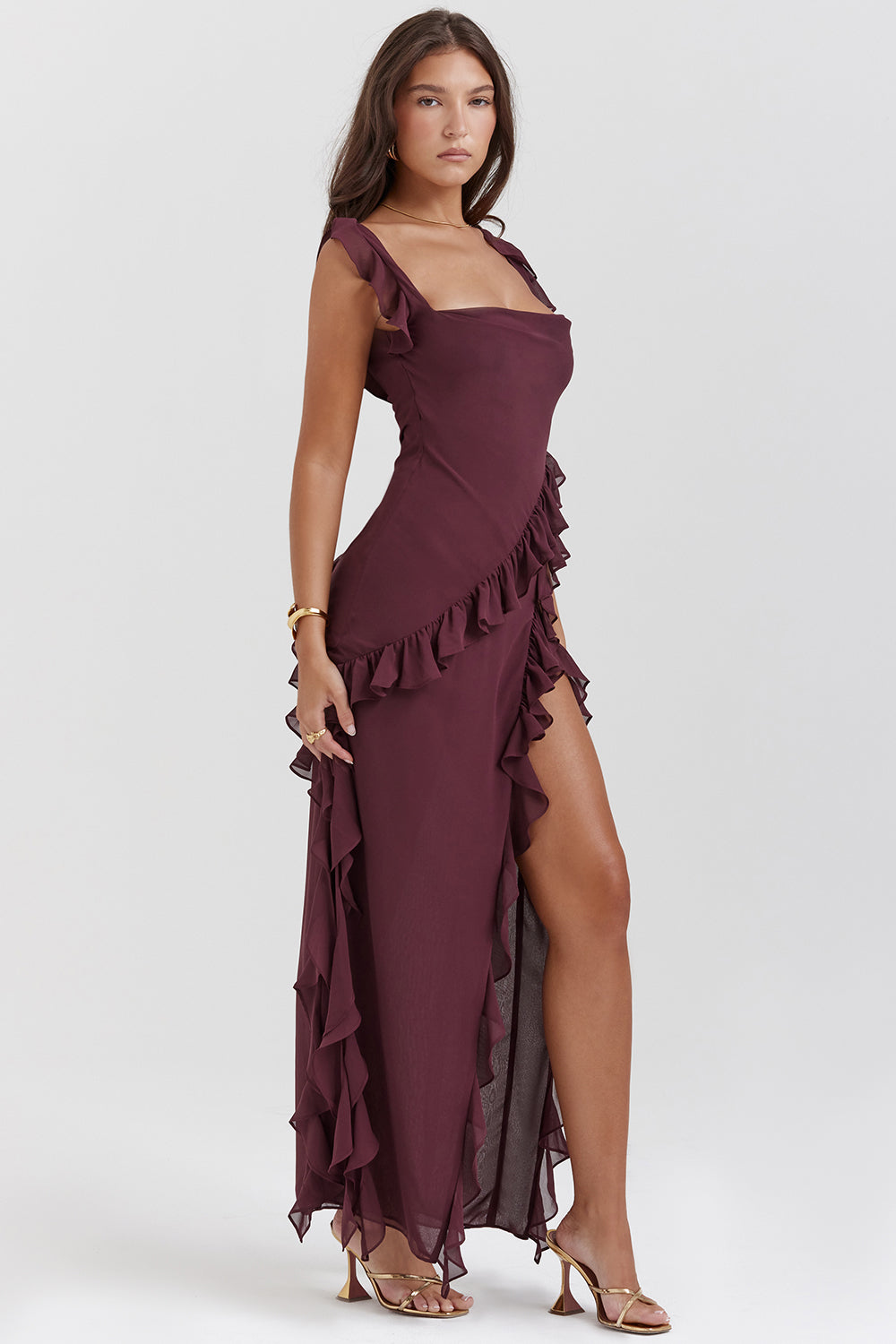 Robe longue femme | Volants asymétriques, fente haute estivale - 4