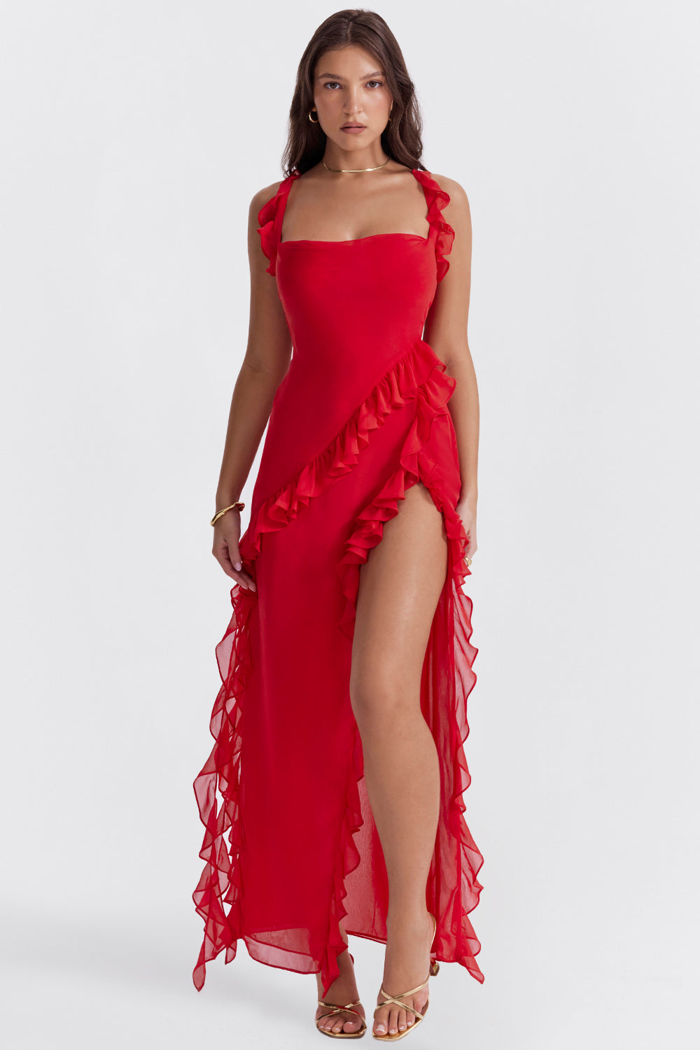 Robe longue femme | Volants asymétriques, fente haute estivale - 11