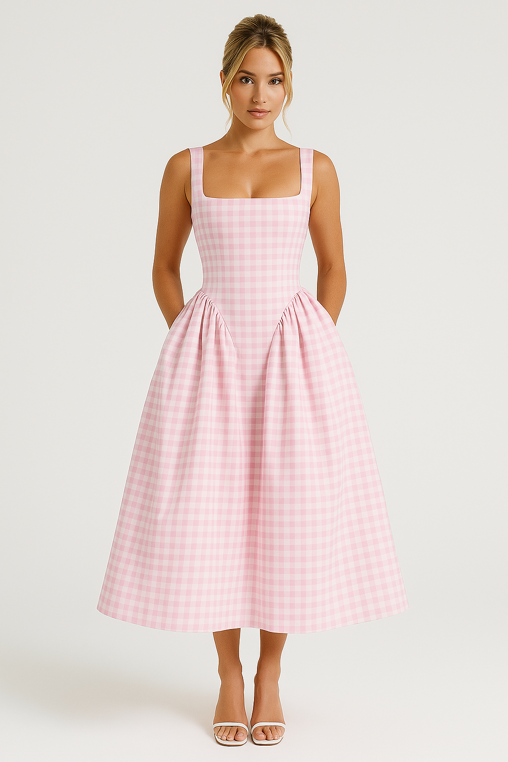 Robe midi femme | Coupe princesse, col carré, motif à carreaux élégants - 1