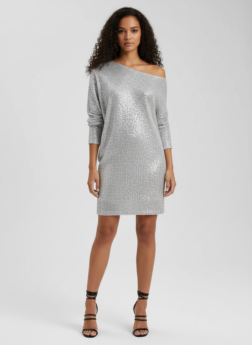 Robe élégante à épaules dénudées, ornée de paillettes. - 2