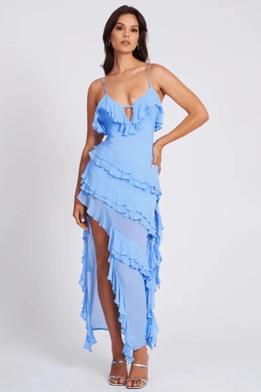 Robe asymétrique à volants avec bretelles spaghetti, idéale pour une soirée élégante. 2