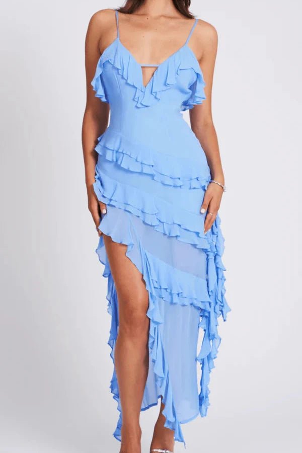 Robe asymétrique à volants avec bretelles spaghetti, idéale pour une soirée élégante. 6