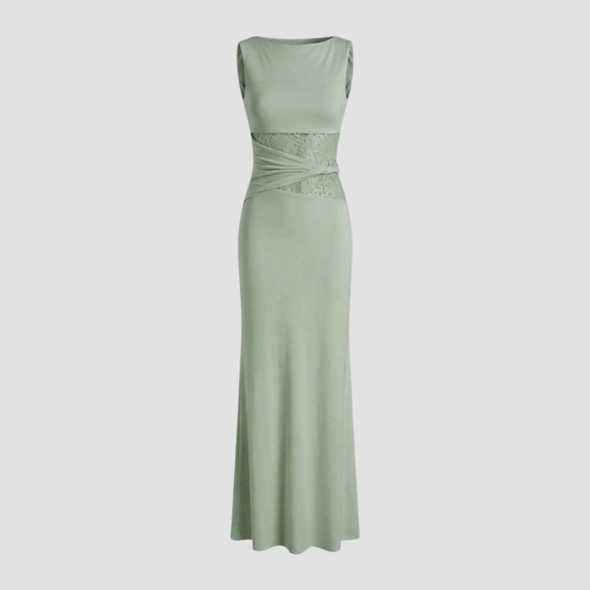 Elegant column dress with an asymmetrical wrap and refined lace detailing. 3