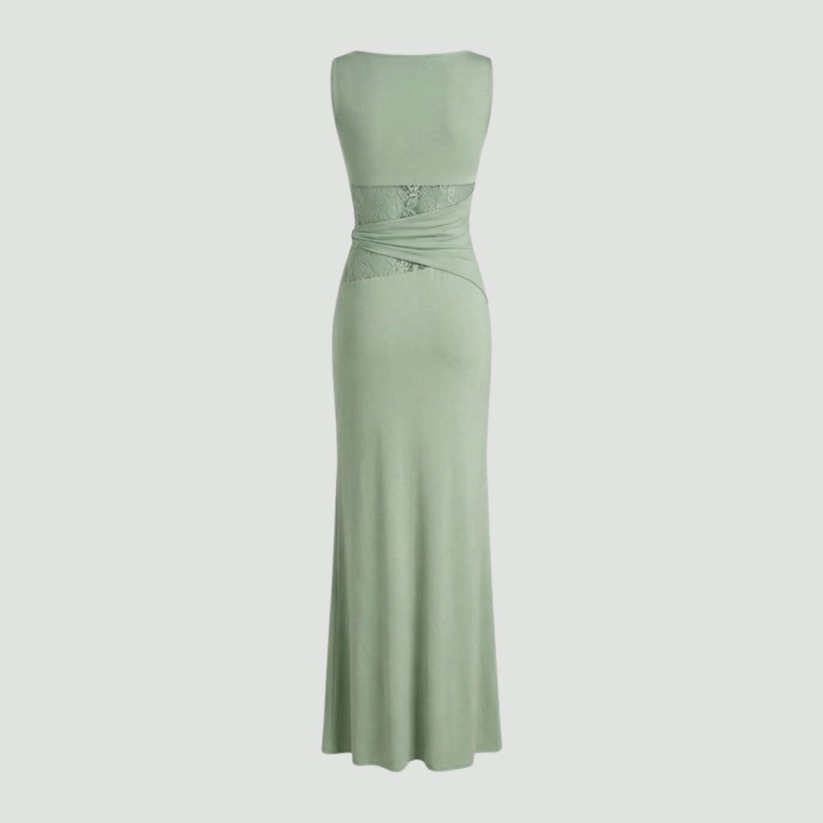 Elegant column dress with an asymmetrical wrap and refined lace detailing. 4