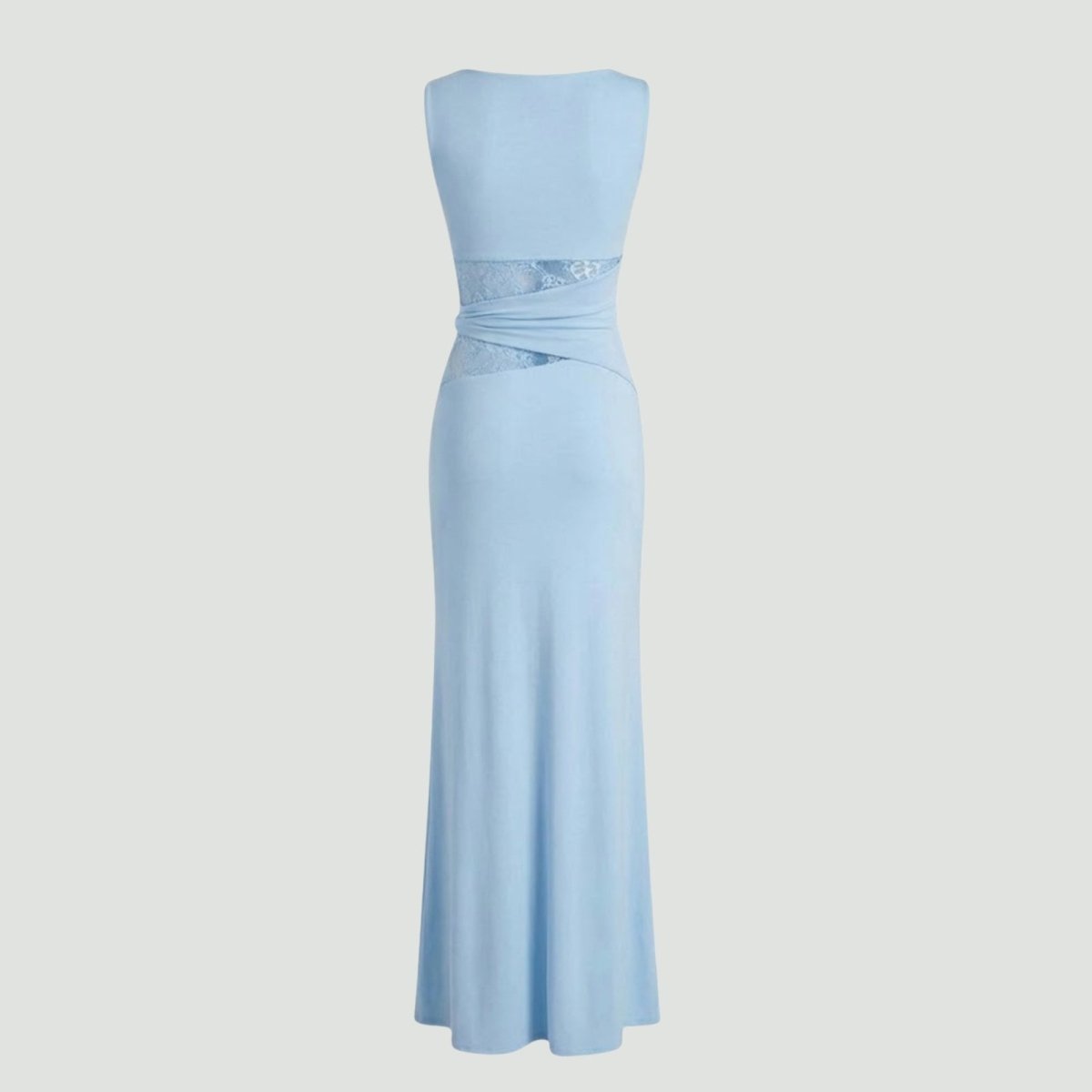 Elegant column dress with an asymmetrical wrap and refined lace detailing. 8