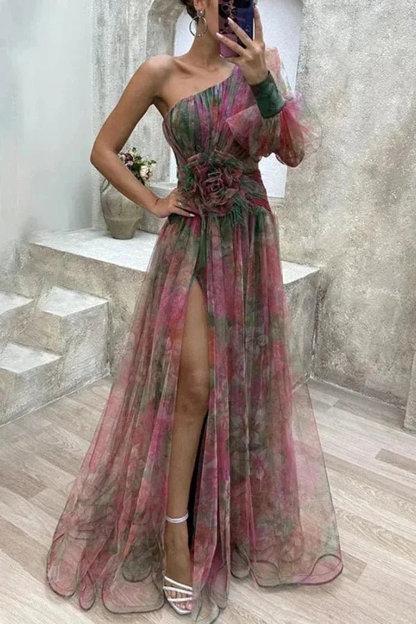 Robe asymétrique élégante à imprimé floral avec fente. 2