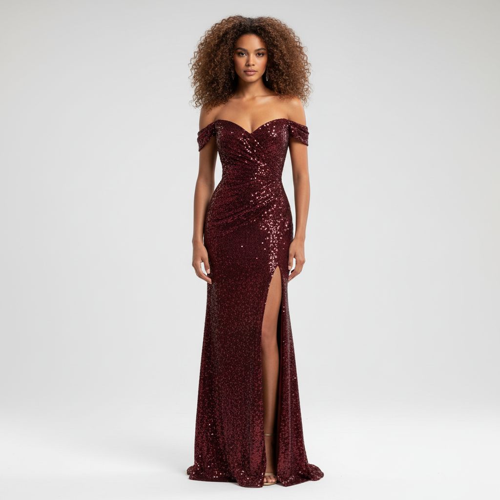 Robe longue avec encolure épaules dénudées et fente, élégante et féminine. - 4