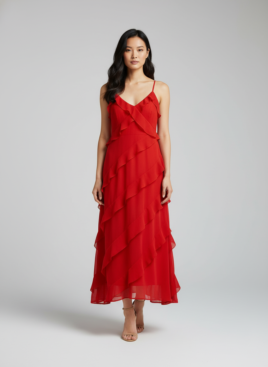 Robe longue femme avec volants élégants et bretelles spaghetti. - 1