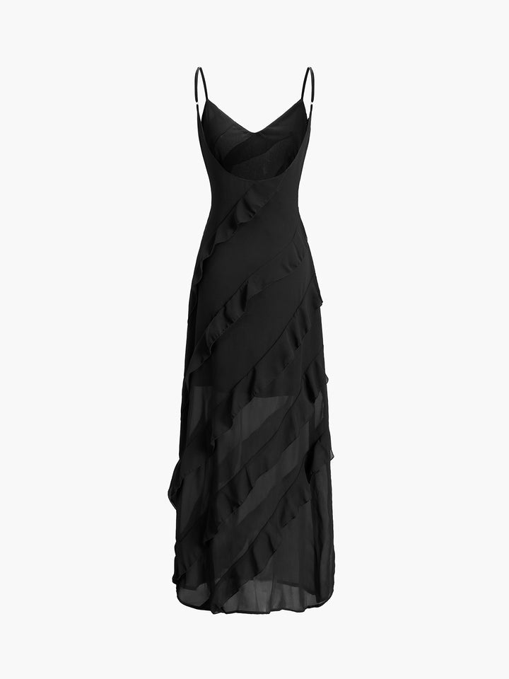 Robe longue femme avec volants élégants et bretelles spaghetti. - 3