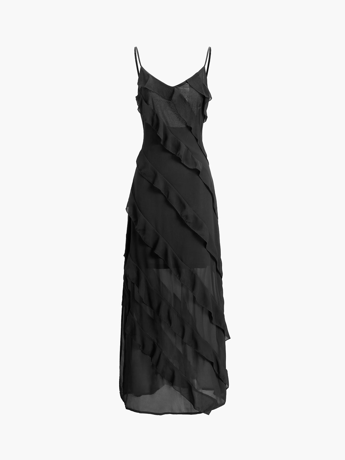 Robe longue femme avec volants élégants et bretelles spaghetti. - 4