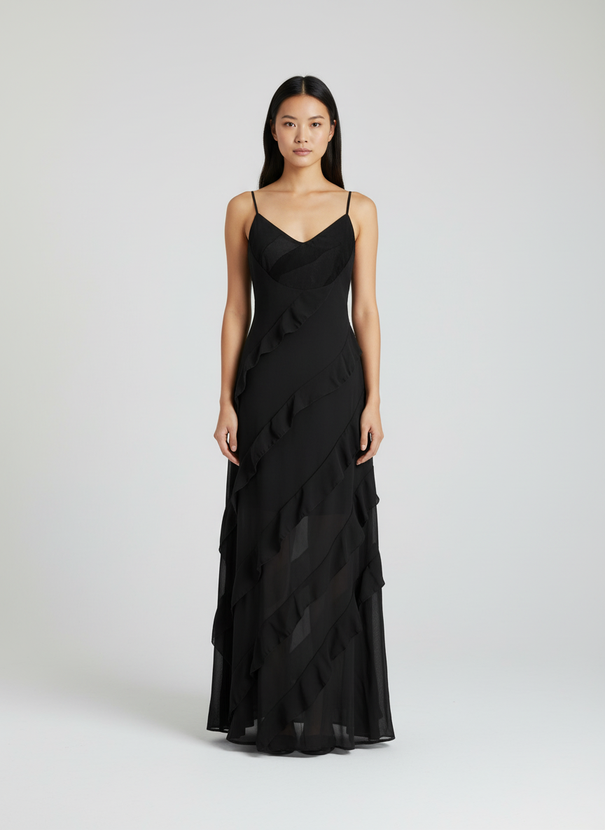 Robe longue femme avec volants élégants et bretelles spaghetti. - 5