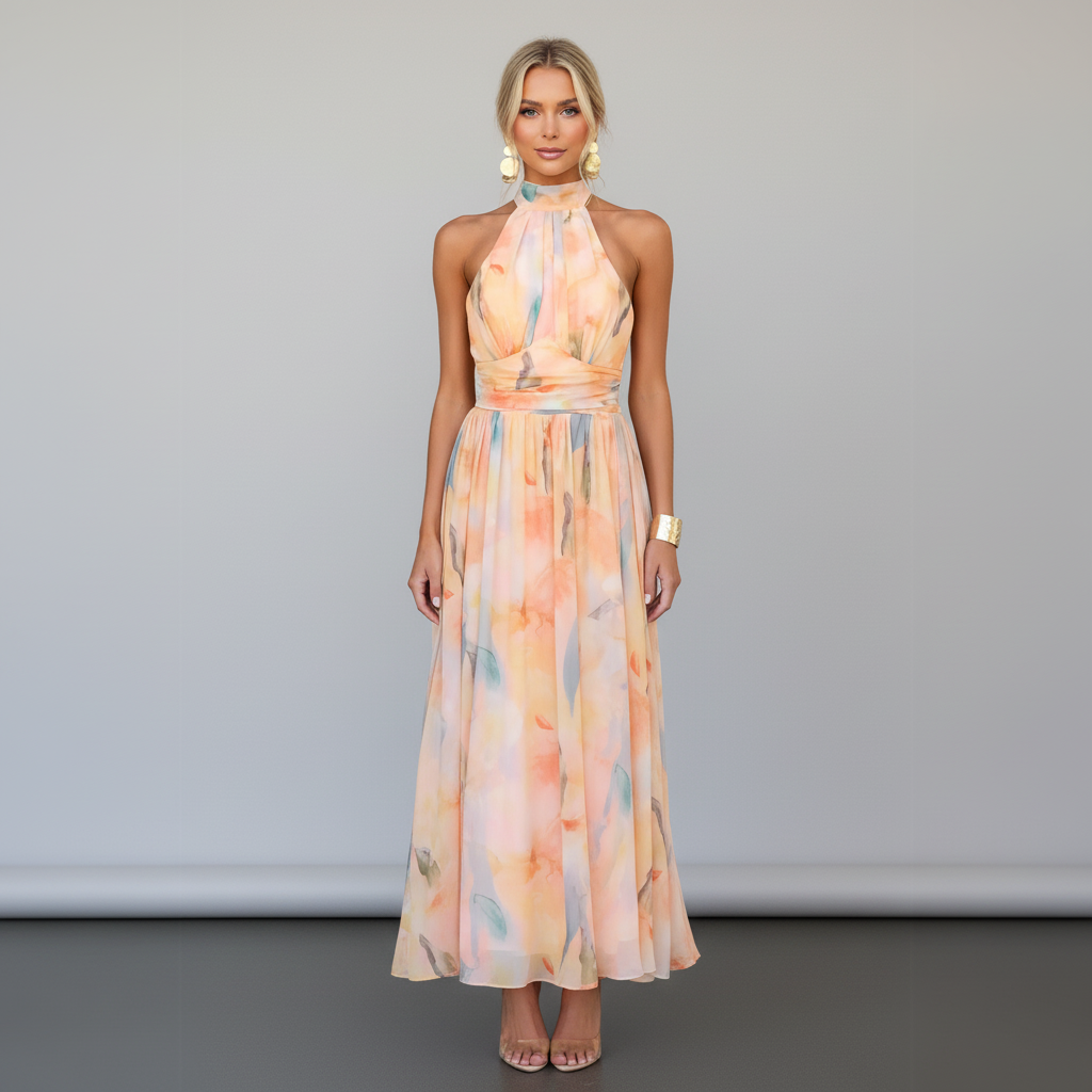 Robe longue élégante sans manches avec un imprimé artistique. - 1
