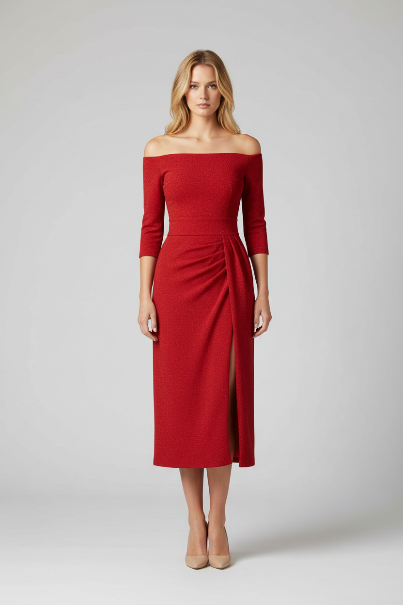 Robe longue élégante femme avec plis fendus et col en V. - 2
