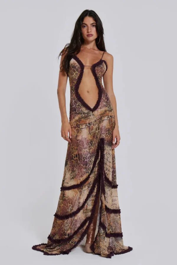 Robe longue fluide avec silhouette ample et volants délicats. 0