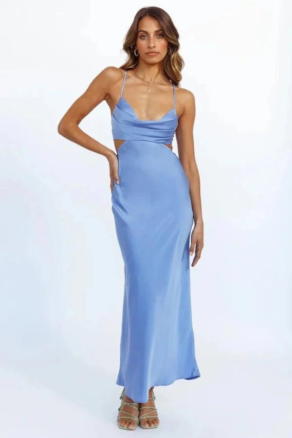 Robe midi chic à col bénitier avec découpes au dos, silhouette cintrée. 0