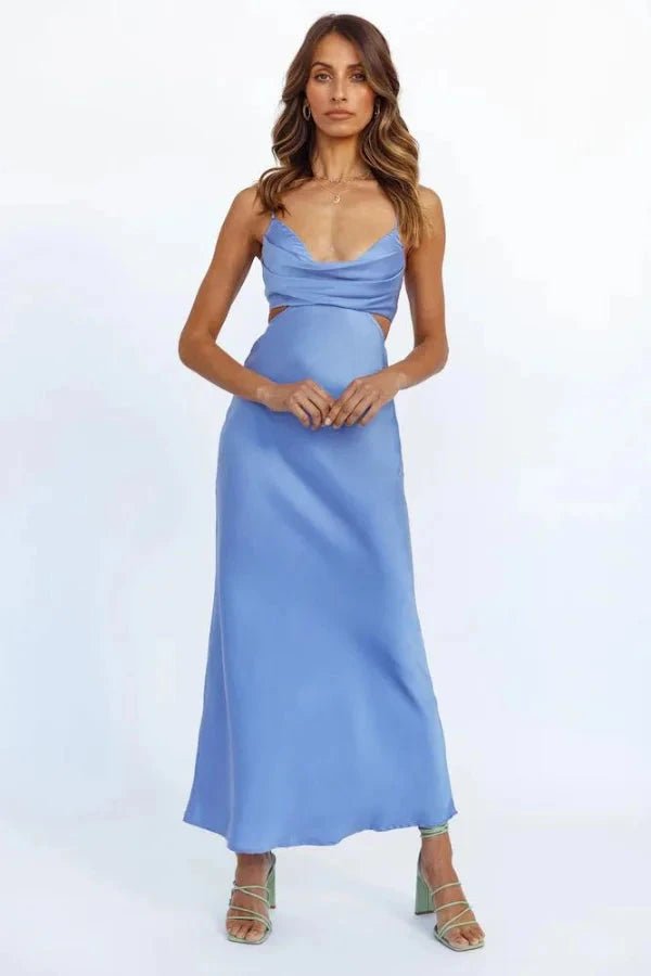 Robe midi chic à col bénitier avec découpes au dos, silhouette cintrée. 1
