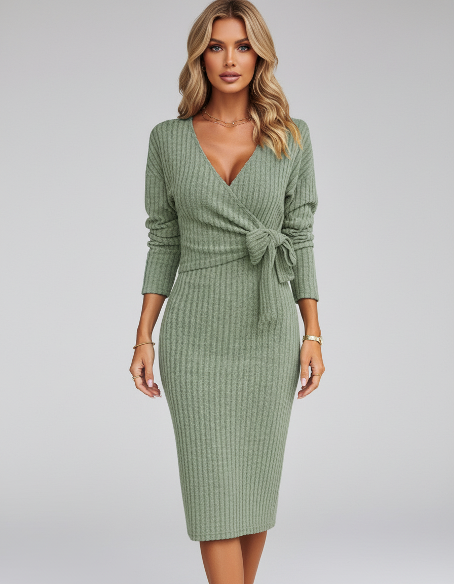 Robe midi femme chic avec col en V et ceinture à nouer. - 3