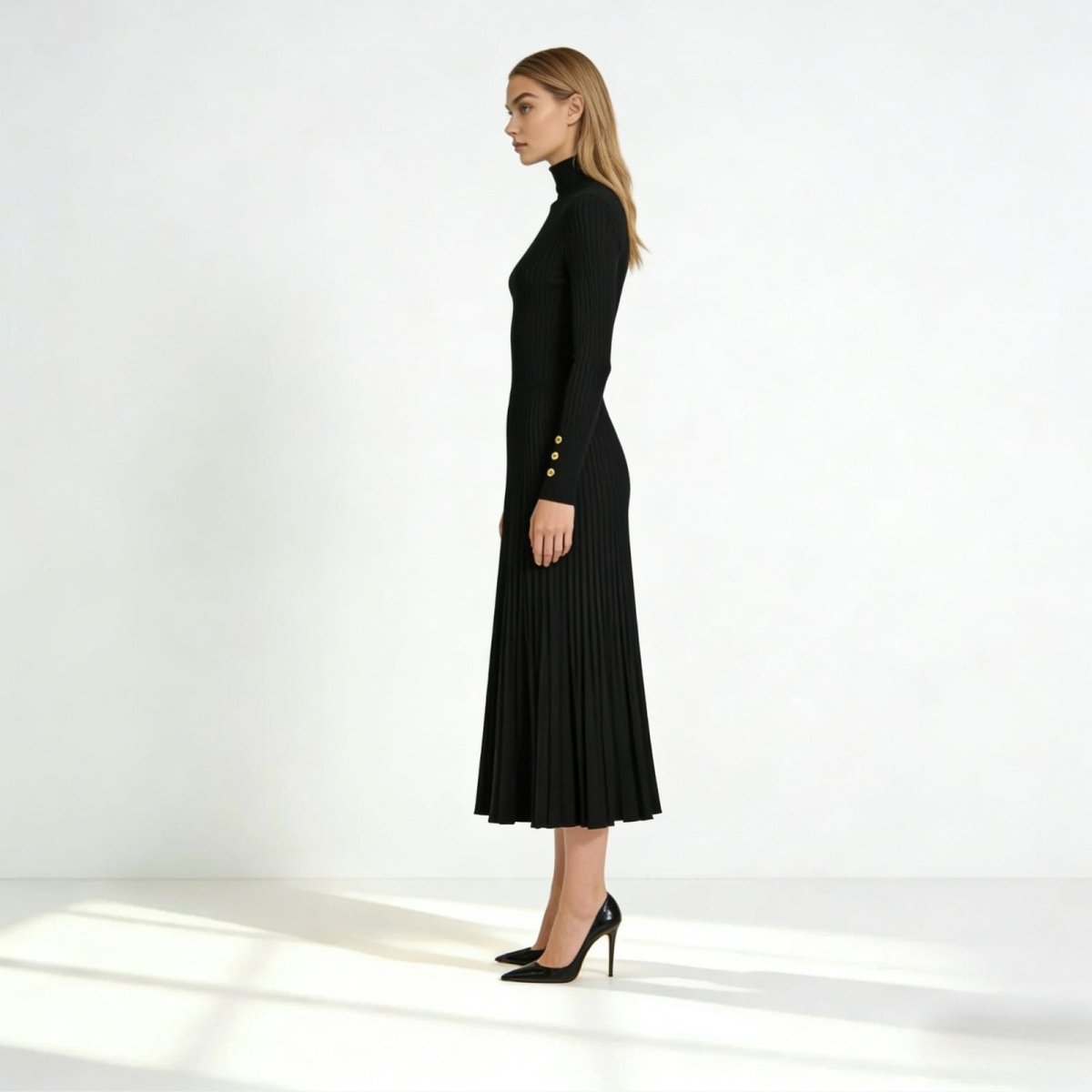 Elegant midi robe with a high collar and pleated skirt, perfect for formal occasions. 1